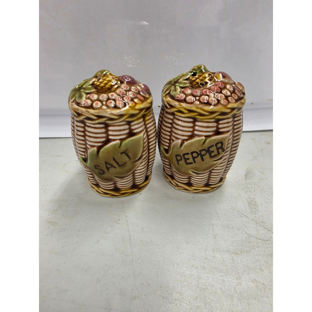 Vintage Tilso Japan Ceramic Fruit Basket Salt and Pepper Shakers Set Brown
